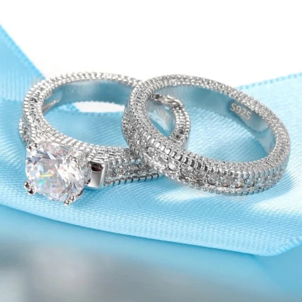 Gorgeous 2pc. Bridal Wedding Set. Stamped Solid .925 Sterling Silver